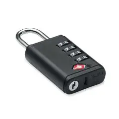 Cadenas TSA personnalisé noir à combinaison 4 chiffres avec anse métallique et logo TSA rouge, vue de trois quarts