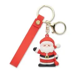 Porte-clés Père Noël personnalisé en PVC en relief avec sangle rouge, anneau et mousqueton en alliage de zinc doré