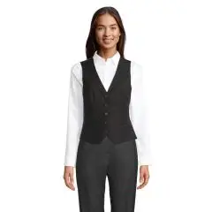 Gilet de costume femme personnalisé noir à 5 boutons et coupe cintrée, porté sur un chemisier blanc, vue de face