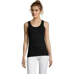 Débardeur femme publicitaire noir en jersey de coton semi-peigné porté de face avec un pantalon blanc