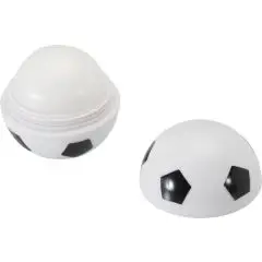 Baume à lèvres football personnalisé vanille FPS 15, boîtier ballon blanc et noir ouvert avec baume

