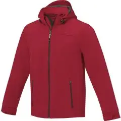 Veste softshell homme personnalisée Langley rouge à capuche, zip central noir et poches zippées, vue de face