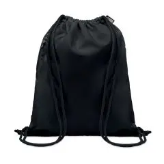 Sac à dos ficelle personnalisé noir en RPET 300D avec cordelettes noires et poche latérale zippée, vue de face