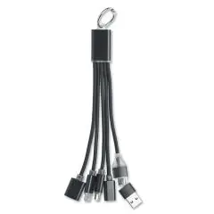 Câble de charge personnalisé noir en porte-clés avec boîtier aluminium et plusieurs connecteurs USB déployés