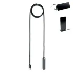 Câble USB-C publicitaire noir de 1 m avec embout support, téléphone posé à l'horizontale et à la verticale