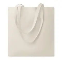 Tote bag TURA en coton bio écru 180 g/m² avec deux longues anses, sac shopping présenté à plat sur fond blanc