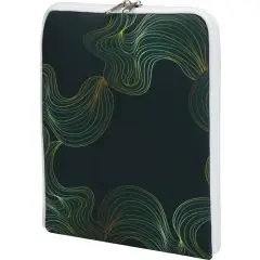Housse tablette personnalisée en néoprène sublimé, volutes dorées sur fond vert et fermeture à double curseur
