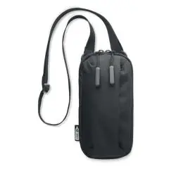 Pochette smartphone personnalisée noire en RPET 300D avec bandoulière réglable et doubles curseurs zippés