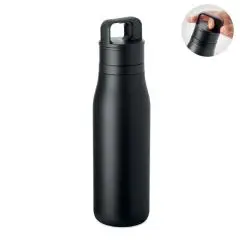 Bouteille isotherme personnalisée EMPIRE noire mate en inox recyclé avec bouchon à poignée intégrée