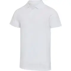 Polo bio personnalisable blanc à manches courtes, col classique et patte de boutonnage, vue de trois quarts