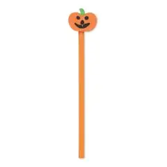 Crayon personnalisé WEENPEN en bois orange surmonté d'une gomme citrouille d'Halloween souriante à tige verte