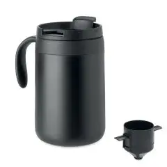 Mug isotherme personnalisé noir mat en inox double paroi avec couvercle, poignée et filtre à café réutilisable