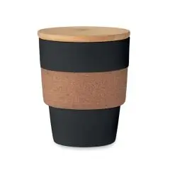 Gobelet réutilisable personnalisé noir en PP recyclé avec manchon en liège et couvercle en bambou naturel