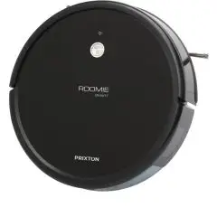 Aspirateur robot personnalisé Prixton Roomie noir rond vu de dessus avec bouton central et brosses latérales