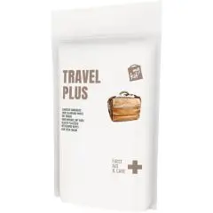 Kit premiers soins voyage personnalisé en pochette papier blanche Travel Plus avec valise illustrée