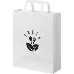 Sac kraft poignées plates personnalisé en version blanche, imprimé d'un logo noir à feuille et couverts