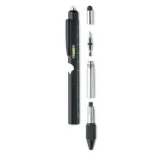 Stylo niveau à bulle personnalisé noir avec règle blanche, stylet, embouts tournevis et LED, démonté