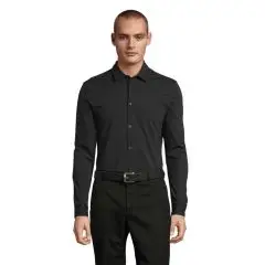 Chemise homme personnalisée BALTHAZAR MEN noire en jersey mercerisé portée de face, col italien et manches longues