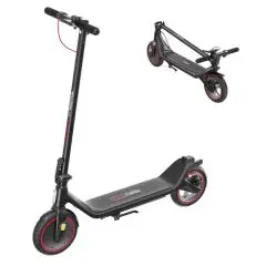 Trottinette électrique personnalisée Prixton noire à jantes rouges, vue dépliée et pliée avec guidon rabattu