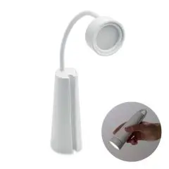Lampe de bureau personnalisée TORCHLAMP blanche à col incurvé, et en médaillon la torche allumée tenue en main