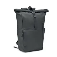 Sac à dos rolltop noir en RPET 300D avec fermeture enroulable à boucle et grande poche frontale zippée, vue de face