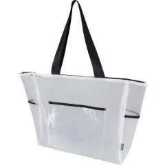 Sac shopping transparent personnalisé en maille recyclée blanche avec anses noires et compartiment zippé
