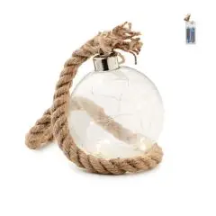 Boule décorative en verre transparent personnalisable BAUBLI avec guirlande LED intérieure et épaisse corde en jute
