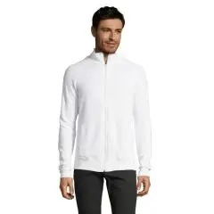 Sweat zippé homme personnalisable blanc en molleton à col montant porté de face avec manches raglan