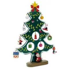 Sapin de Noël en bois vert personnalisable WOODTREE avec étoile dorée et mini décorations suspendues sur socle