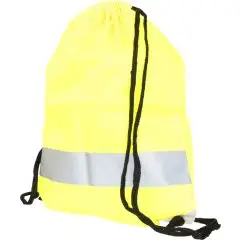 Sac à dos cordelette réfléchissant jaune néon avec bande argentée horizontale et cordons noirs, vue de face