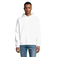Sweat à capuche personnalisé CONNOR blanc porté de face, poche kangourou et bords côte en coton épais