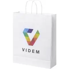 Sac kraft personnalisé blanc à poignées torsadées avec un logo multicolore imprimé sur la face avant