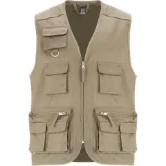 Gilet de travail personnalisable multi-poches sable, col en V et anneau métallique, face avant