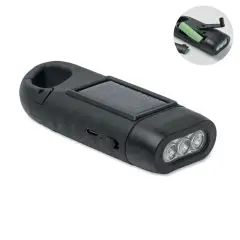 Lampe torche publicitaire CRANCH noire avec panneau solaire, 3 LED et manivelle dynamo en ABS recyclé