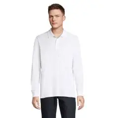 Polo manches longues unisexe blanc en piqué polycoton publicitaire porté de face avec col côtelé et patte 3 boutons