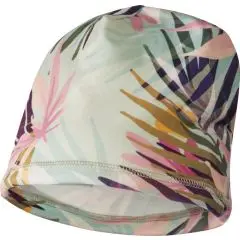 Bonnet sublimation personnalisé Liam imprimé de palmes tropicales roses, moutarde et violettes sur fond clair