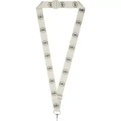 Tour de cou personnalisé en RPET écru sublimé de logos ronds gris répétés, avec crochet en métal