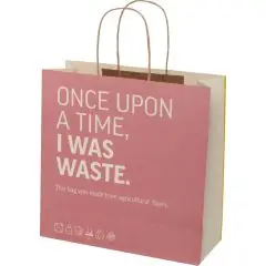 Sac papier écologique carré en déchets agricoles imprimé en rose avec poignées en papier torsadé marron
