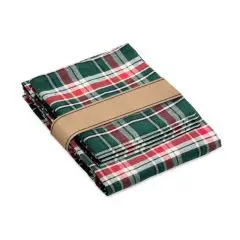 Nappe personnalisable avec logo en coton à carreaux vert et rouge pliée avec 4 serviettes et manchette kraft