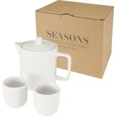 Service à thé publicitaire Suki en céramique blanche, théière 600 ml, deux tasses sans anse et coffret kraft