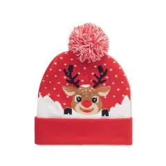 Bonnet de Noël tricoté publicitaire rouge et blanc avec renne, flocons et pompon, LED éteintes sur fond blanc