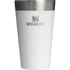 Gobelet inox personnalisé Stanley Stacking 470 ml blanc avec bord en acier brossé et logo embossé