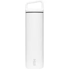 Bouteille isotherme personnalisable MiiR Widemouth blanc mat en inox avec bouchon à poignée et logo MiiR vertical