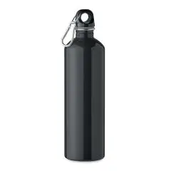 Bouteille inox personnalisable 750 ml noire au profil élancé avec bouchon à boucle et mousqueton argenté