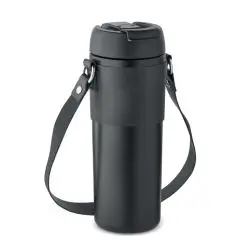 Gobelet personnalisé AIRA 700 ml noir double paroi avec bandoulière et couvercle anti-fuite
