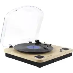Platine vinyle Prixton Marconi effet bois personnalisable avec capot transparent ouvert et deux haut-parleurs