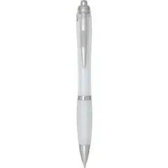 Stylo bille recyclé personnalisable NASH blanc translucide avec grip souple, clip et embouts argentés, vue de face