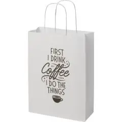 Sac kraft personnalisé blanc à poignées torsadées blanches, imprimé en noir d’un slogan sur le café