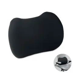Coussin lombaire personnalisé noir en mousse à mémoire de forme, forme ergonomique et vue sur un siège