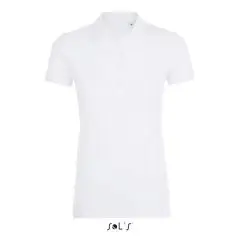 Polo femme personnalisé blanc en piqué coton stretch, coupe cintrée et patte à cinq boutons, vue de face à plat